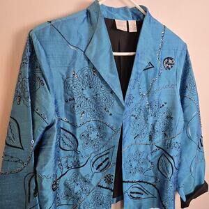 Vintage Bleu Bayou Sz L 100% Silk Jacket Teal Sequin Embroidered Black Glam
